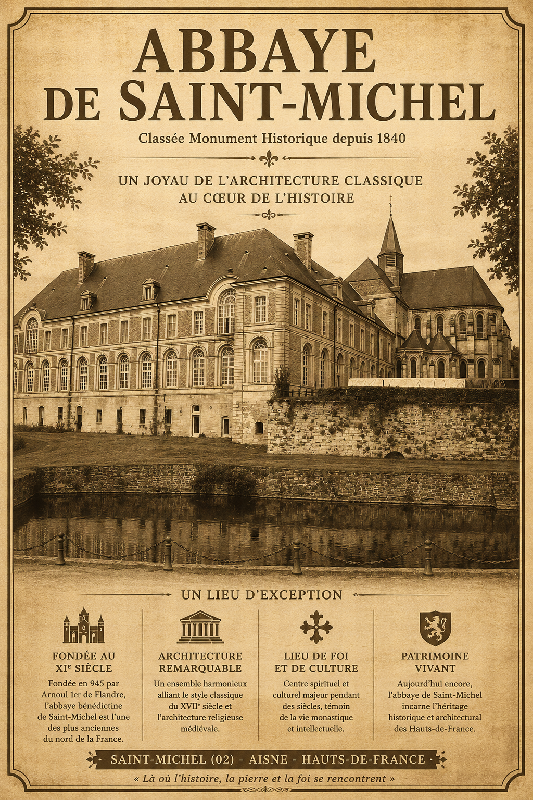 Affiche illustrée d'Abbaye de sint Michel dans un style ancien sépia