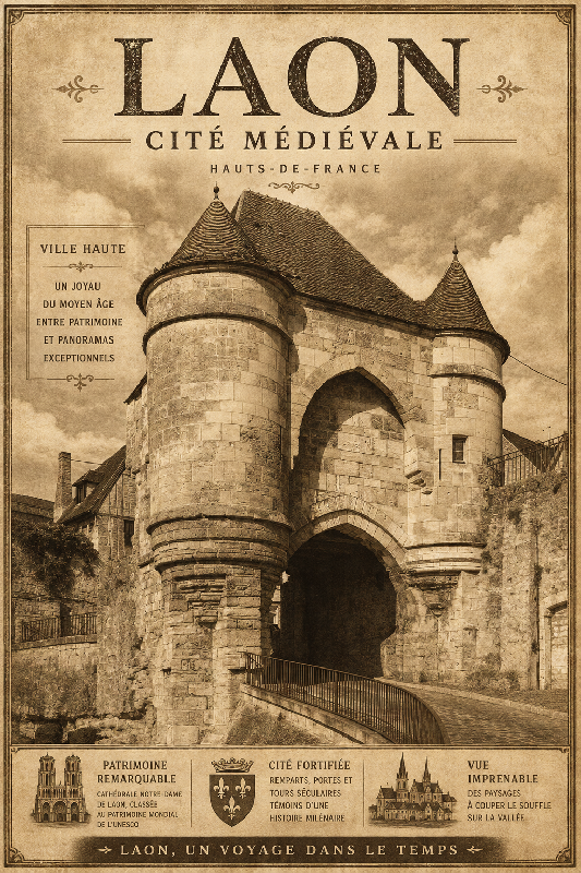 Affiche illustrée de la Cité médiévale de Laon dans un style ancien sépia