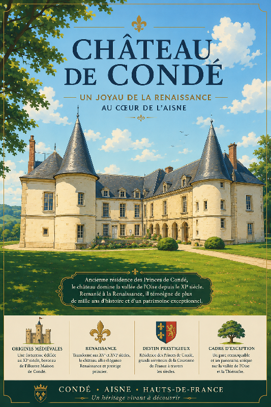 Affiche illustrée du chateau de Condé dans un style ghibli