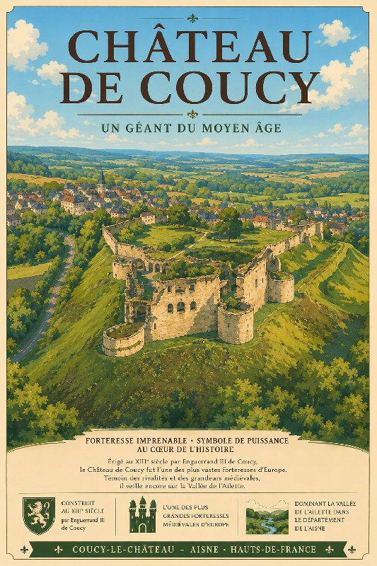 Affiche illustrée du chateau de Coucy dans un style ghibli