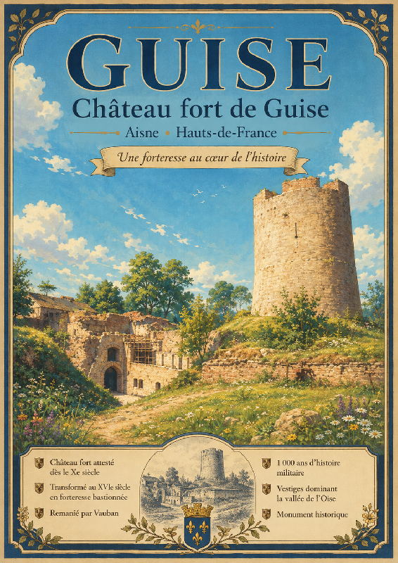 Affiche illustrée du chateau de guise dans un style ghibli