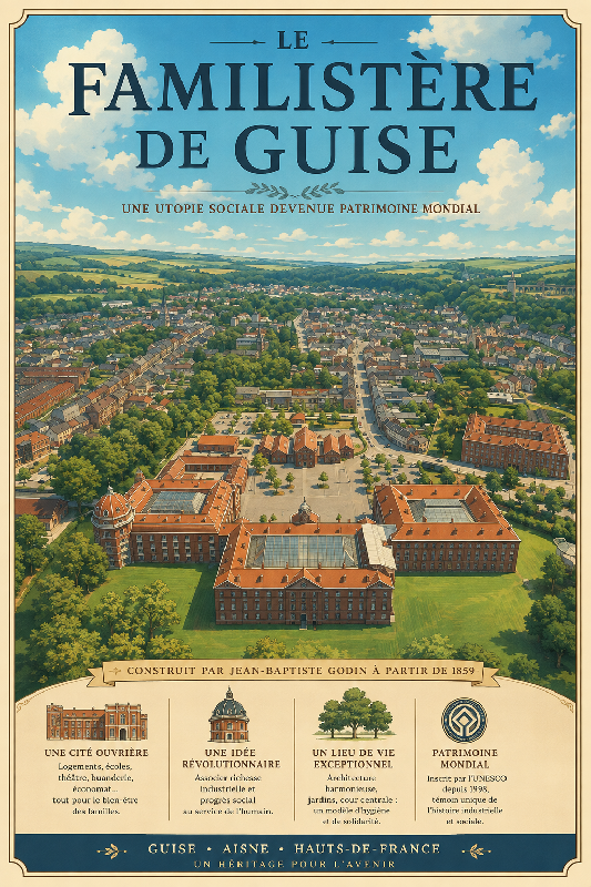 Affiche illustrée familistère de Guise dans un style ghibli
