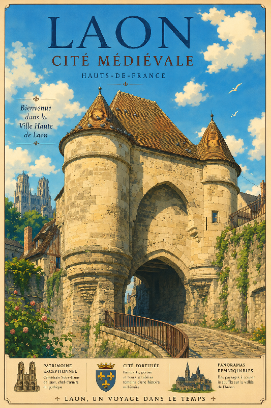 Affiche illustrée de la Cité médiévale de Laon dans un style ghibli