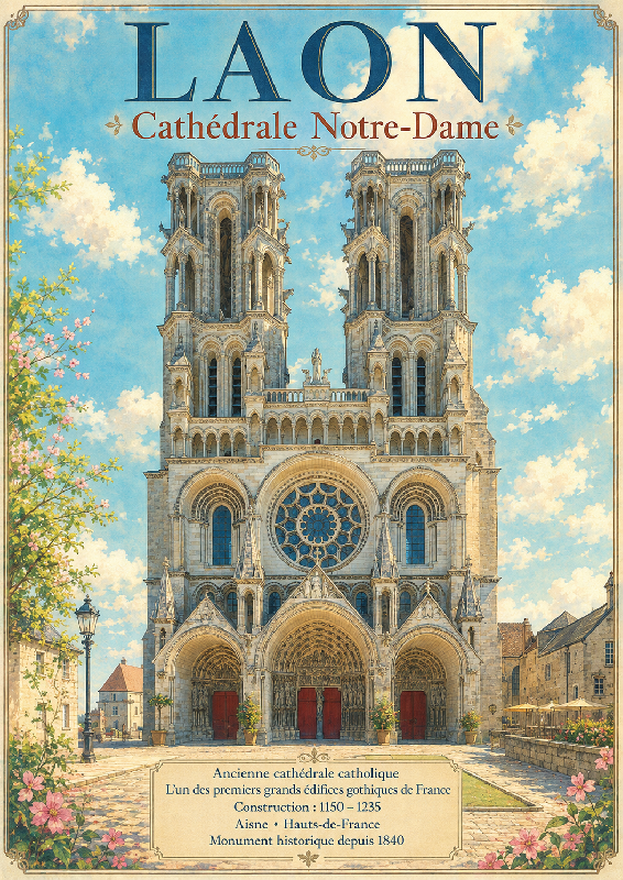 Affiche illustrée de la Cathédrale notre Dame de Laon dans un style ghibli