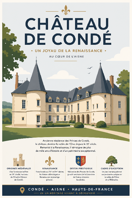 Affiche illustrée du chateau de Condé dans un style moderne simplifie