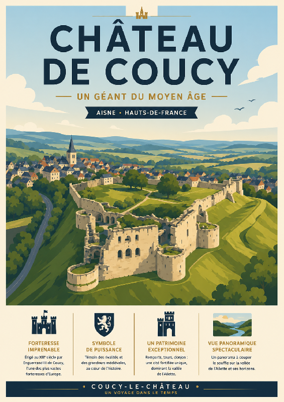 Affiche illustrée du chateau de Coucy dans un style moderne simplifie