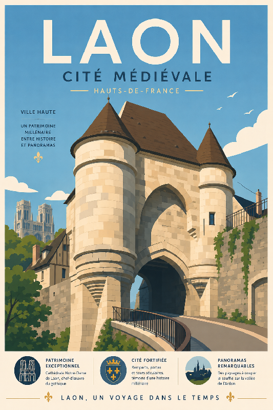 Affiche illustrée de la Cité médiévale de Laon dans un style ancien moderne simplifie