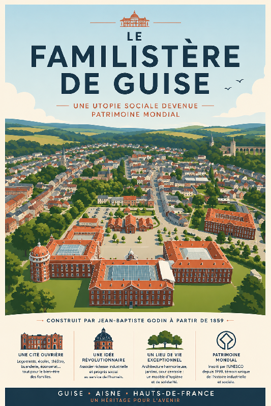 Affiche illustrée familistère de Guise dans un style moderne simplifie