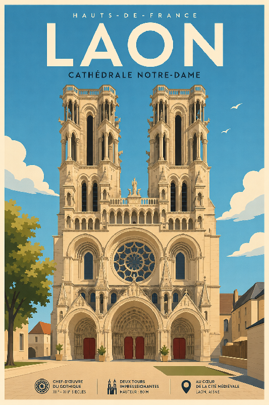 Affiche illustrée de la Cathédrale notre Dame de Laon dans un style moderne simplifié