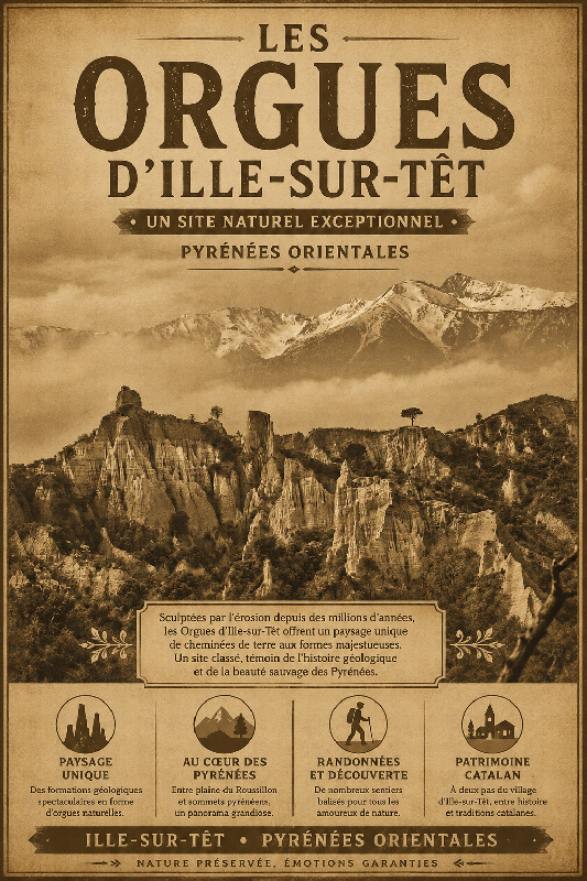 Affiche illustrée Orgues d'Ille-sur-Têt dans un style ancien sepia
