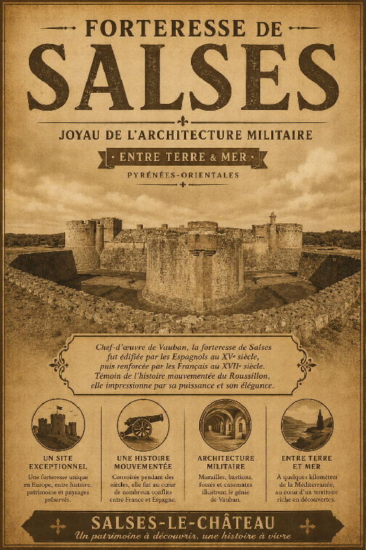 Affiche illustrée Forteresse de Salses dans un style ancien sepia