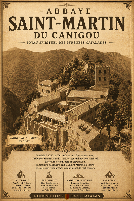 Affiche illustrée de Abbaye Saint-Martin du Canigou dans un style ancien sepia