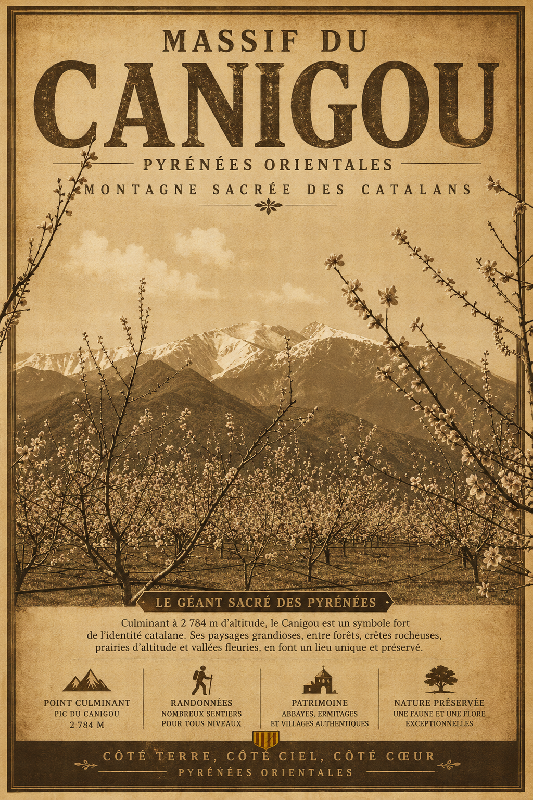 Affiche illustrée du Massif du Canigou dans un style ancien sepia