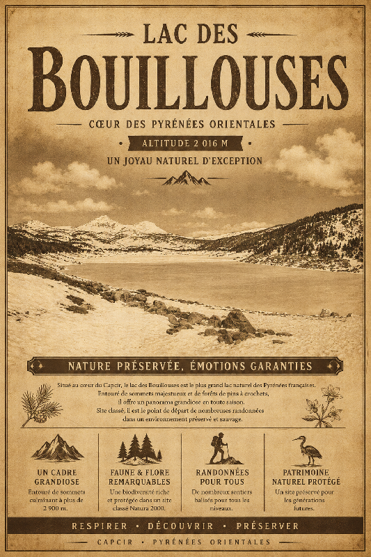 Affiche illustrée Lac des Bouillouses dans un style ancien sepia