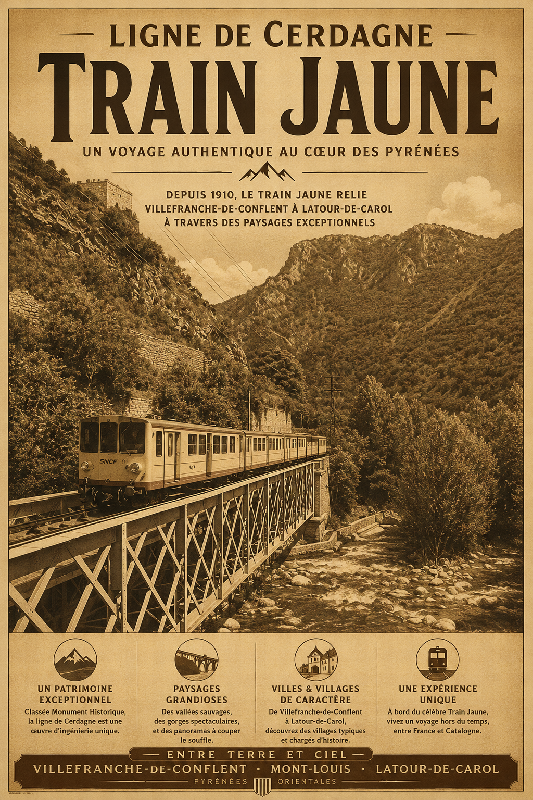 Affiche illustrée Ligne de Cerdagne – Train Jaune dans un style ancien sepia