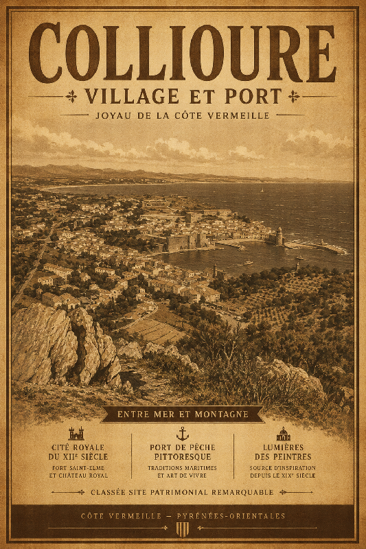 Affiche illustrée du Village et port de Collioure dans un style ancien sepia