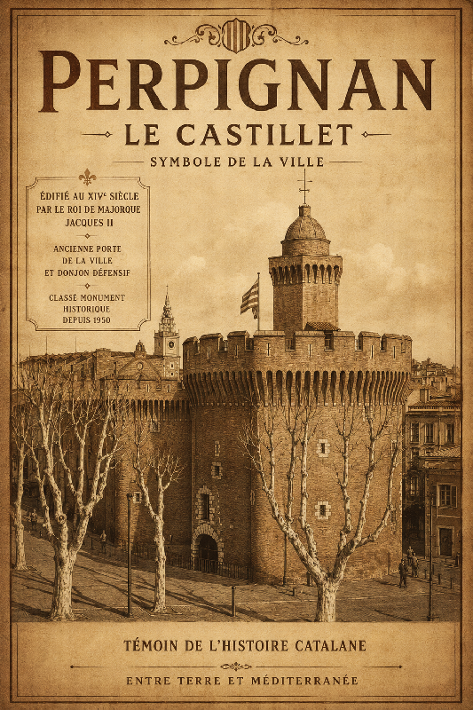 Affiche illustrée du Castillet de Perpignan dans un style ancien sepia