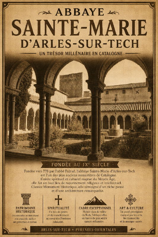 Affiche illustrée Abbaye Sainte-Marie d'Arles-sur-Tech dans un style ancien sepia