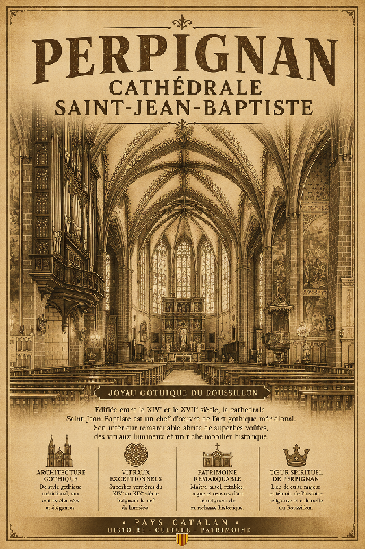Affiche illustrée de la Cathédrale Saint-Jean-Baptiste de Perpignan dans un style ancien sepia