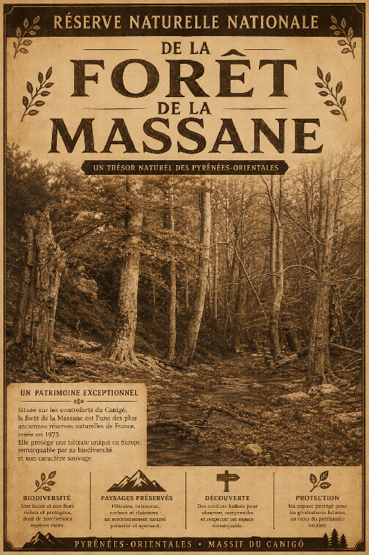 Affiche illustrée Réserve naturelle nationale de la forêt de la Massane dans un style ancien sepia