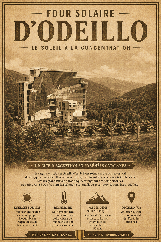 Affiche illustrée Four solaire d'Odeillo dans un style ancien sepia