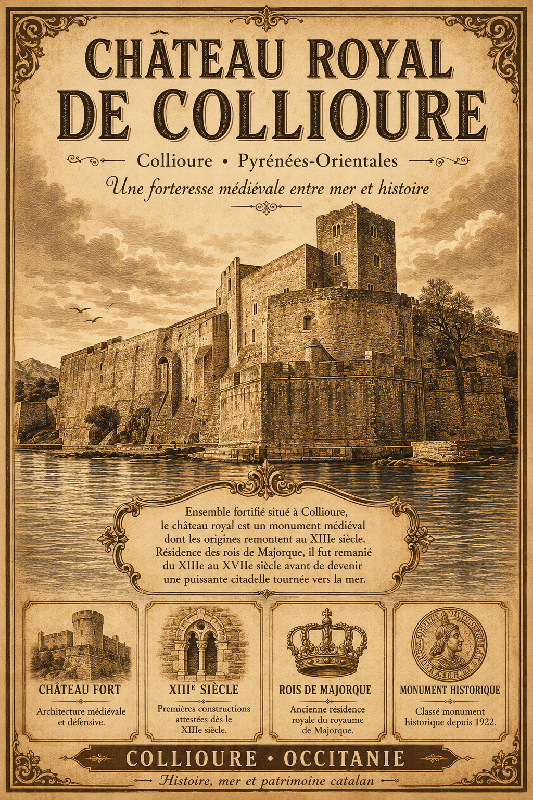 Affiche illustrée du Château royal de Collioure dans un style ancien sepia