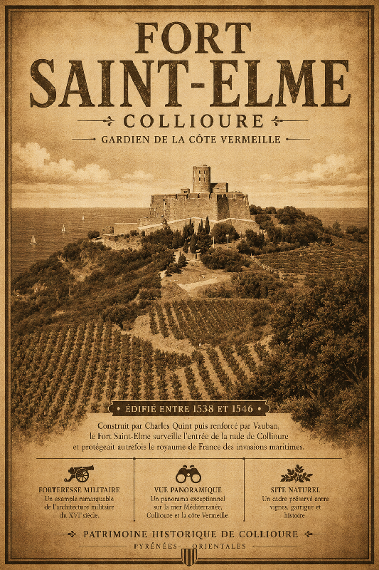 Affiche illustrée du Fort Saint-Elme dans un style ancien sepia
