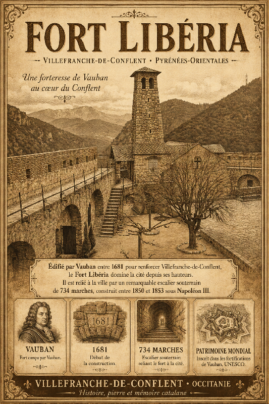 Affiche illustrée Fort Libéria dans un style ancien sepia