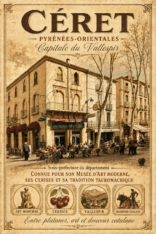 Affiche illustrée Ville de Céret dans un style ancien sepia