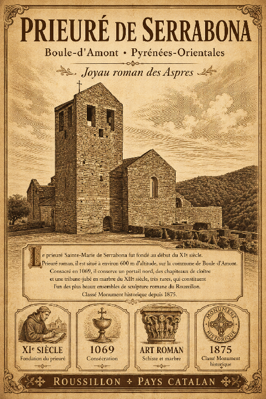 Affiche illustrée Prieuré de Serrabona dans un style ancien sepia