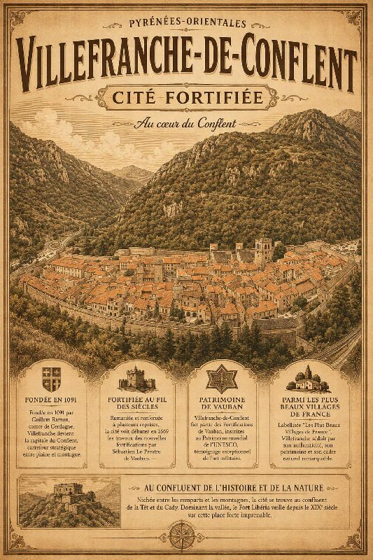 Affiche illustrée Cité fortifiée de Villefranche-de-Conflent dans un style ancien sepia