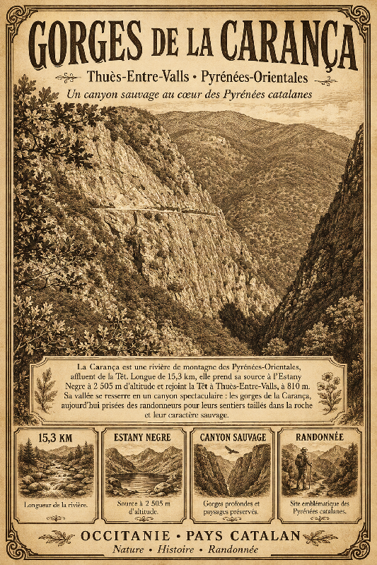Affiche illustrée Gorges de la Carança dans un style ancien sepia