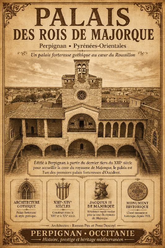 Affiche illustrée du Palais des Rois de Majorque dans un style ancien sepia