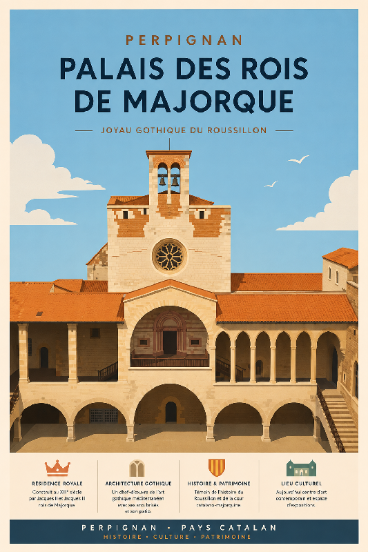 Affiche illustrée du Palais des Rois de Majorque dans un style ghiblimoderne simplifie