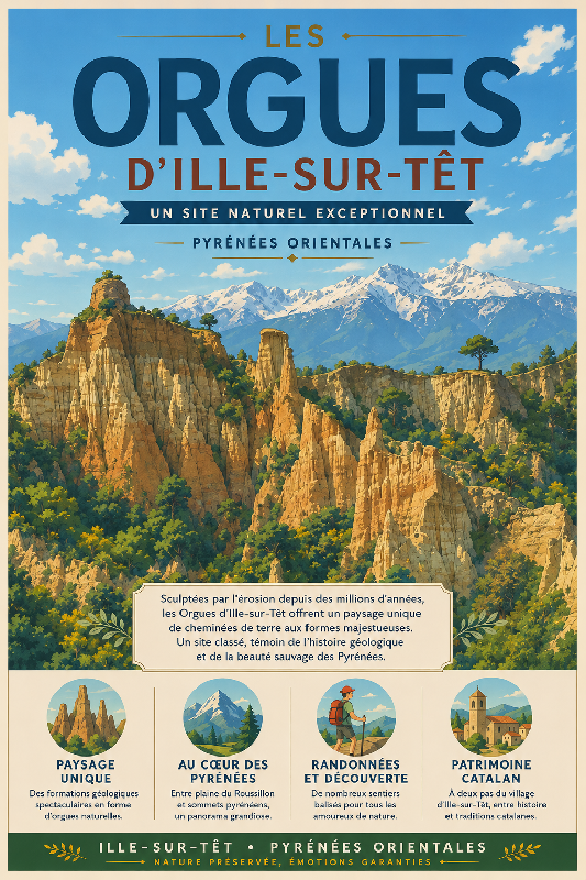 Affiche illustrée Orgues d'Ille-sur-Têt dans un style ghibli