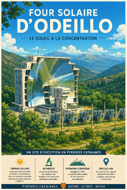 Affiche illustrée Four solaire d'Odeillo dans un style ghibli