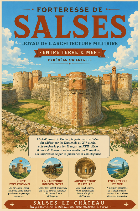 Affiche illustrée Forteresse de Salses dans un style ghibli