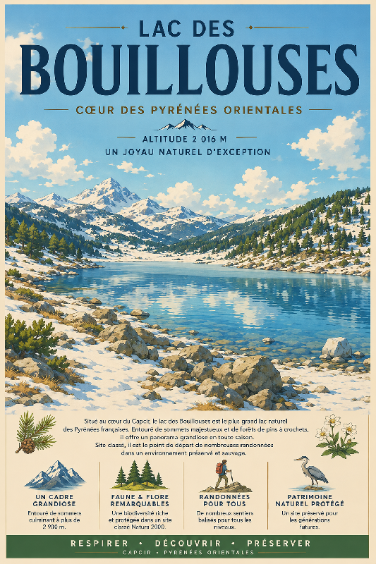 Affiche illustrée Lac des Bouillouses dans un style ghibli
