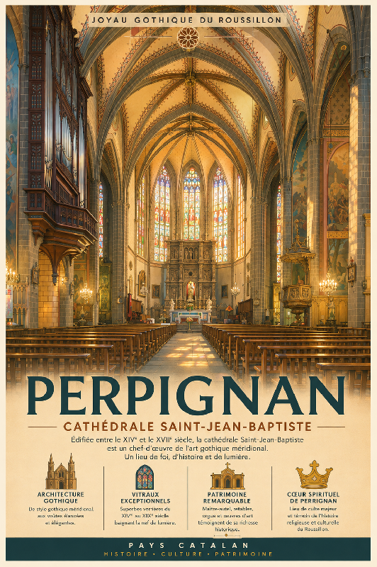 Affiche illustrée de la Cathédrale Saint-Jean-Baptiste de Perpignan dans un style ghibli