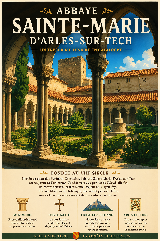 Affiche illustrée Abbaye Sainte-Marie d'Arles-sur-Tech dans un style ghibli
