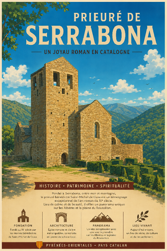 Affiche illustrée Prieuré de Serrabona dans un style ghibli