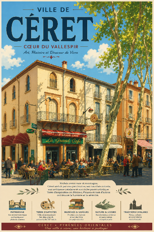 Affiche illustrée Ville de Céret dans un style ghibli