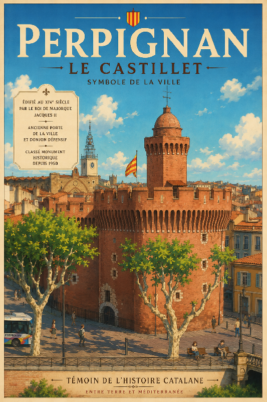 Affiche illustrée du Castillet de Perpignan dans un style ghibli