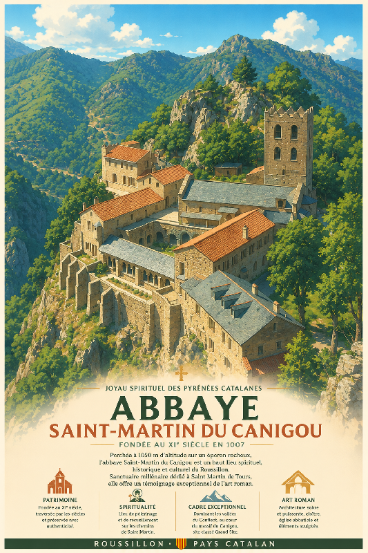 Affiche illustrée de Abbaye Saint-Martin du Canigou dans un style ghibli
