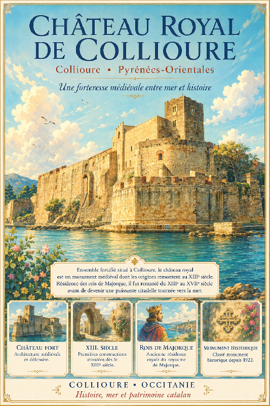 Affiche illustrée du Château royal de Collioure dans un style ghibli