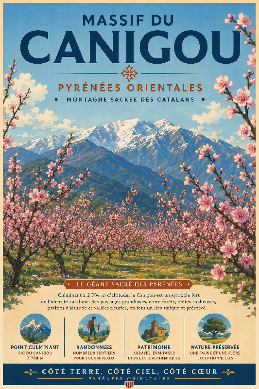 Affiche illustrée du Massif du Canigou dans un style ghibli