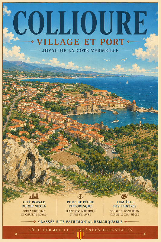 Affiche illustrée du Village et port de Collioure dans un style ghibli