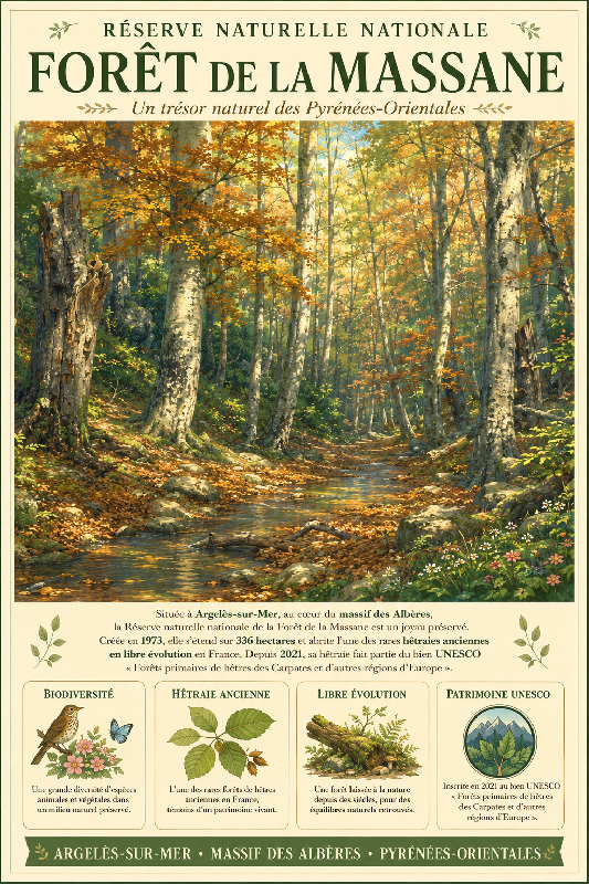 Affiche illustrée Réserve naturelle nationale de la forêt de la Massane dans un style ghibli