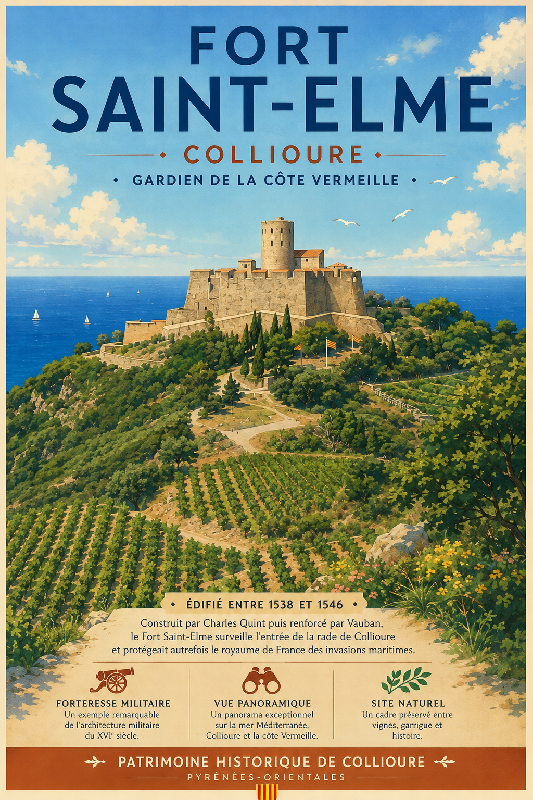 Affiche illustrée du Fort Saint-Elme dans un style ghibli