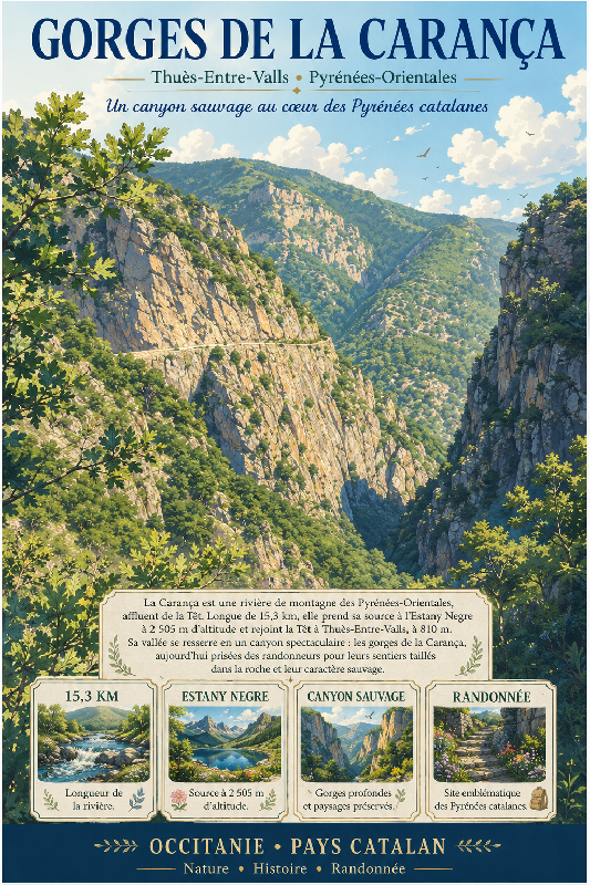 Affiche illustrée Gorges de la Carança dans un style ghibli